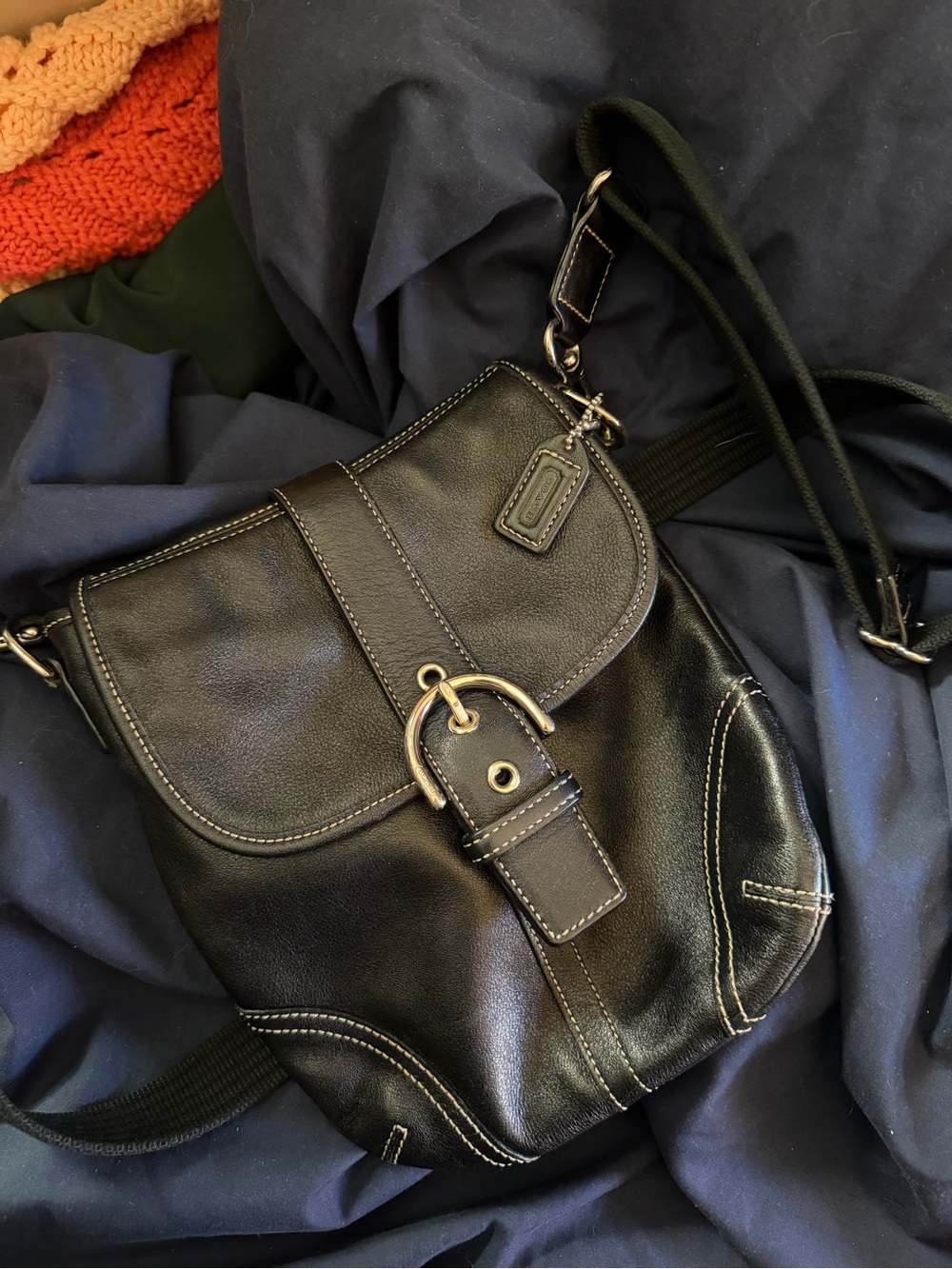 Black Leather Crossbody Bag with Buckle Accent - coach